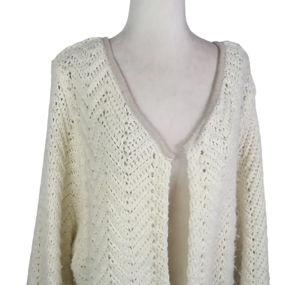 Vintage Cream Crochet Knit Blanket Coat Long Duster Cardigan Sweater L
